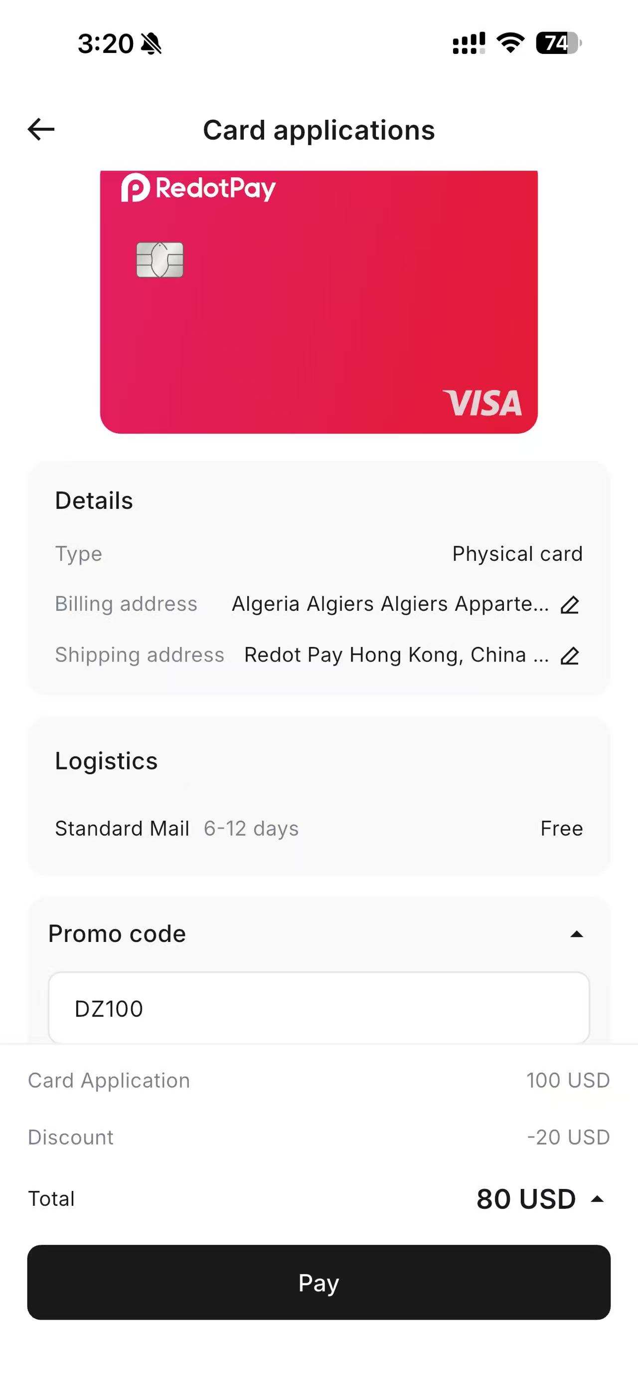 DZ100 shown in a RedotPay physical card checkout with a final total of 80 USD