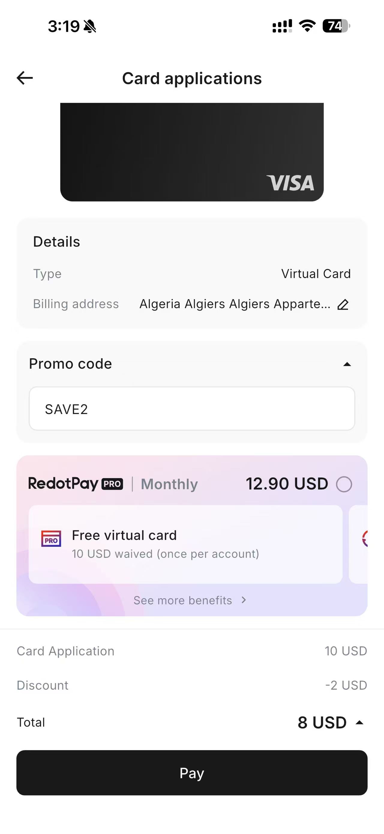 SAVE2 shown in a RedotPay virtual card checkout with a final total of 8 USD
